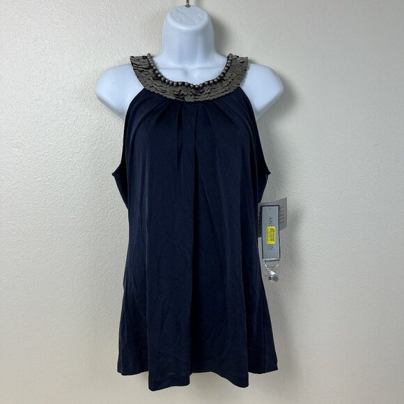 Anne Klein Sleeveless Top Womens L Navy Blue Silk Nylon Round Neck Metal Sequins - Picture 2 of 14
